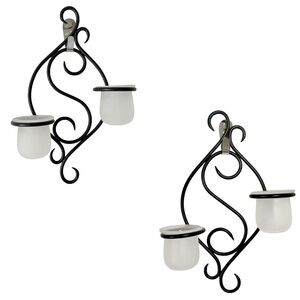 Pair of PartyLite Scroll Wall Sconce Green Powder Coated Metal & Frosted Glass